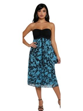 🛍️ Women’s Blue Black Floral Tropical Sheer Strapless open front Dress LARGE